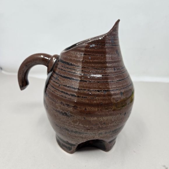 Studio Pottery Art Flower Vase With Handle Heavy Painted Black & Brown Glazed - Picture 4 of 10